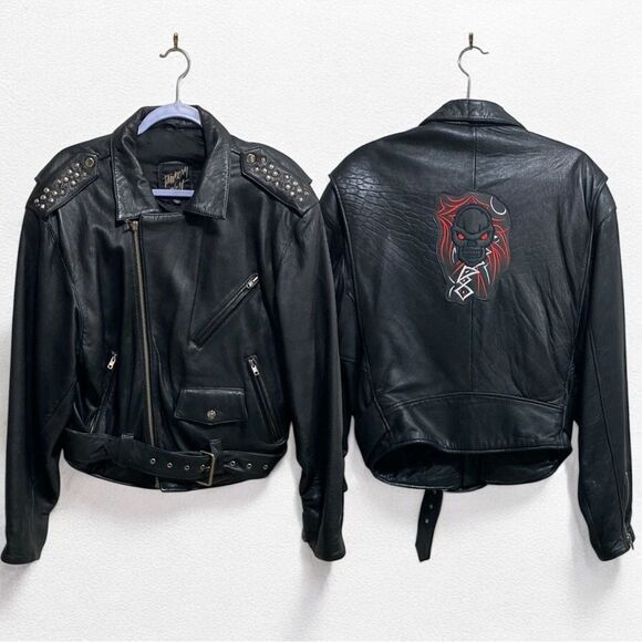 Vintage Tannery West Black Leather Studded Biker Moto Jacket Skull Patch Size‎ S - Picture 1 of 16